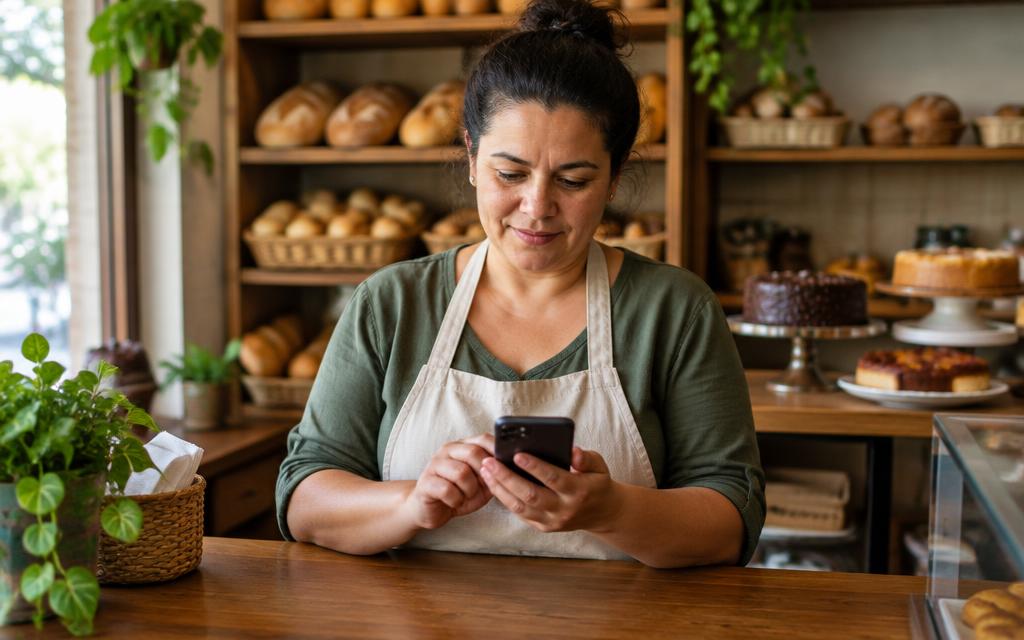 Comerciante criando a conta pelo celular no balcão da padaria