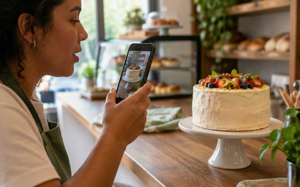 Lojista fotografando um bolo com o celular e ditando os detalhes