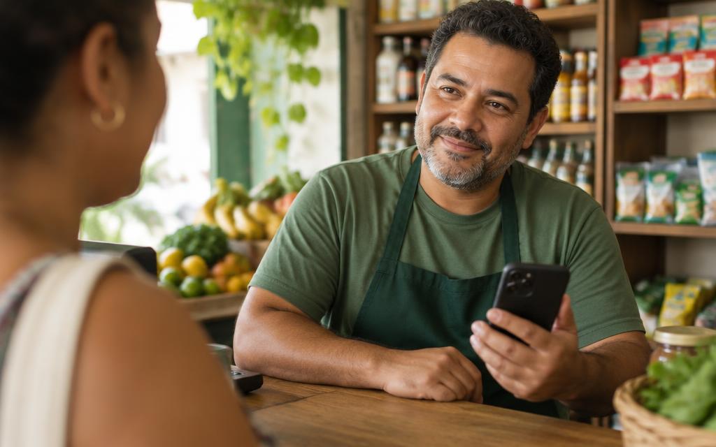 Comerciante satisfeito no balcão com o celular na mão