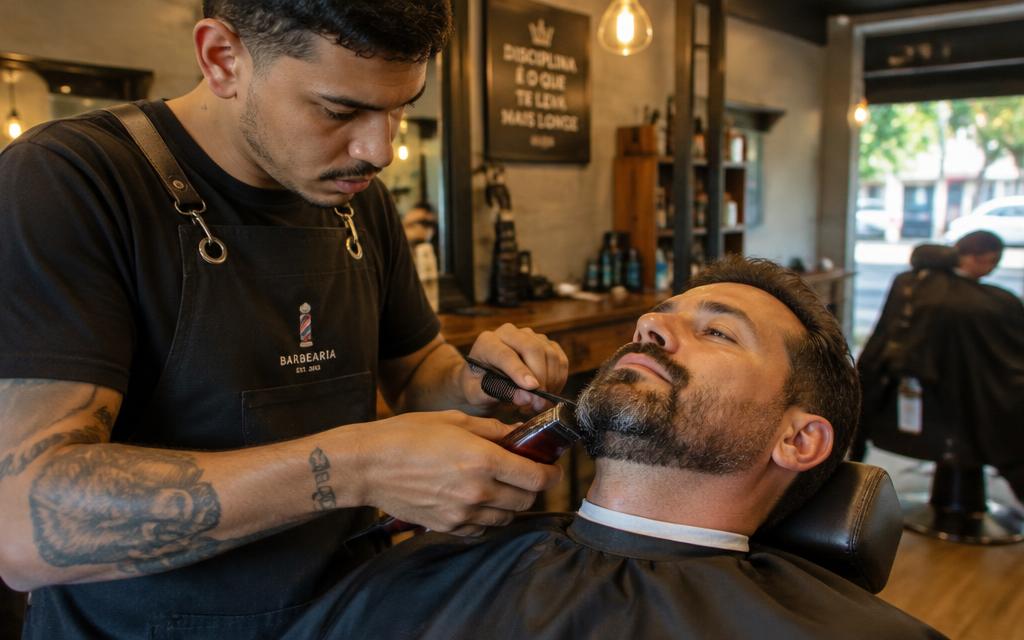 Barbeiro aparando a barba de um cliente