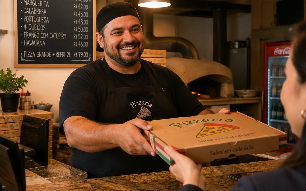 Pizzaiolo entregando uma pizza no balcão
