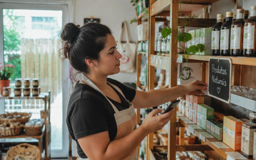 Lojista organizando produtos na prateleira